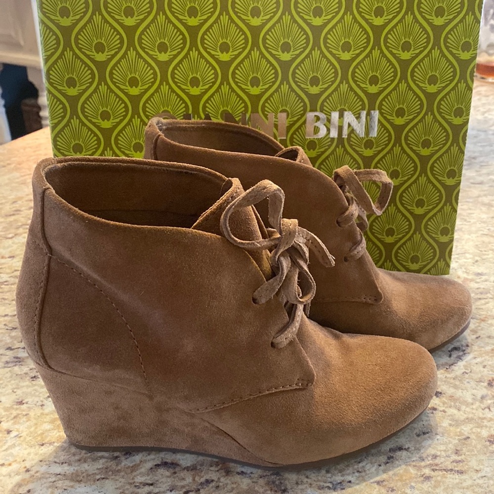 Camel color, suede booties. Slip on style.